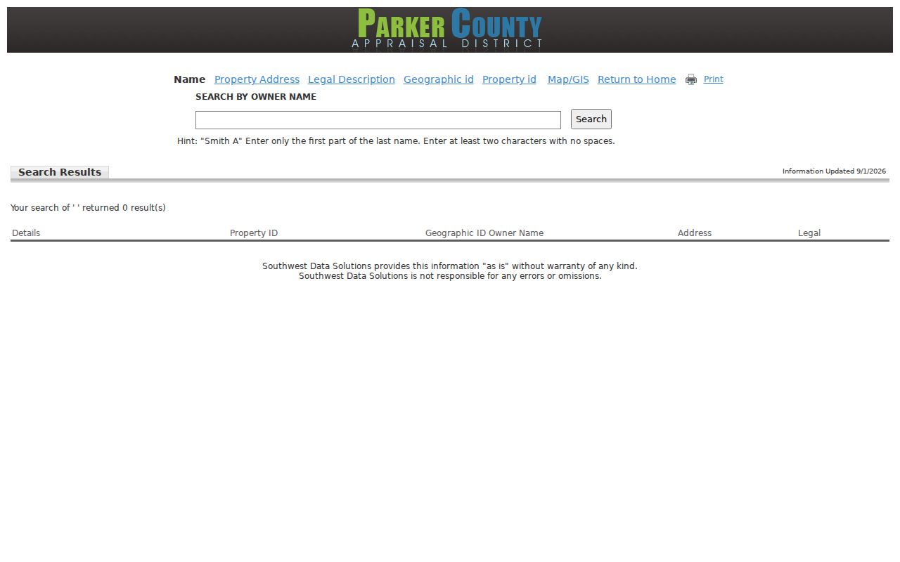 Weatherford street directory PCAD owner-name search