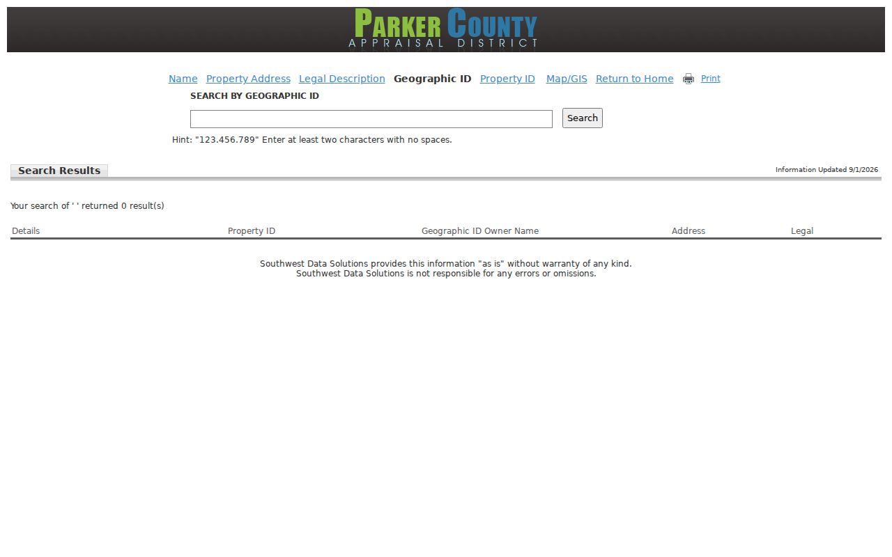 Weatherford street directory PCAD Geographic ID search