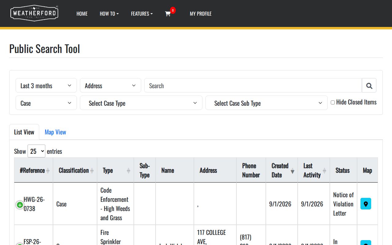 Weatherford street directory permit activity search